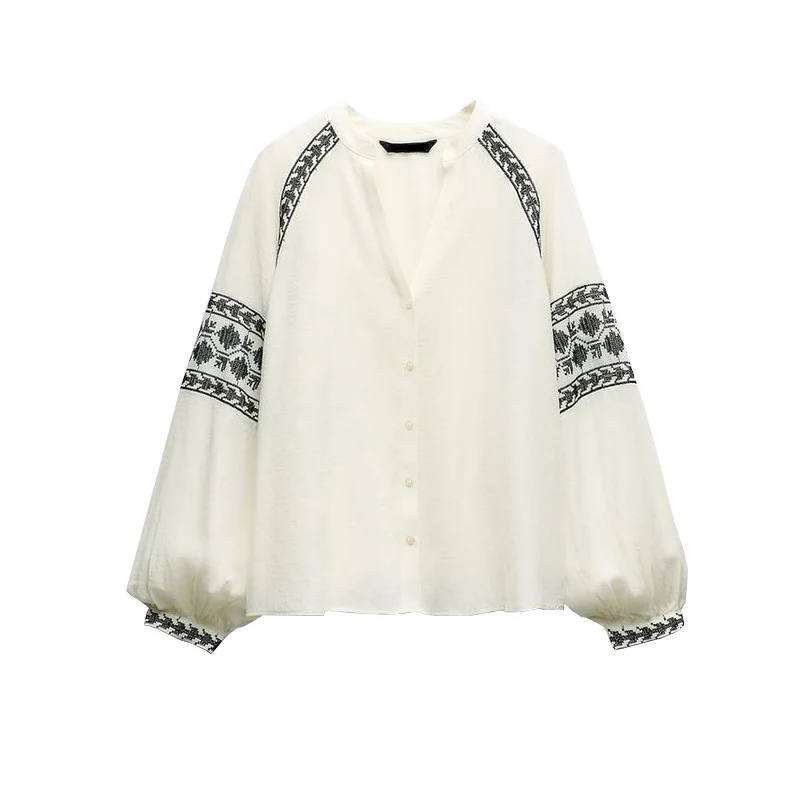 

Spring Summer New Women's Casual Loose Color Blo Embroidery irt V Ne Long Sve Vaion Sle Faion Commute