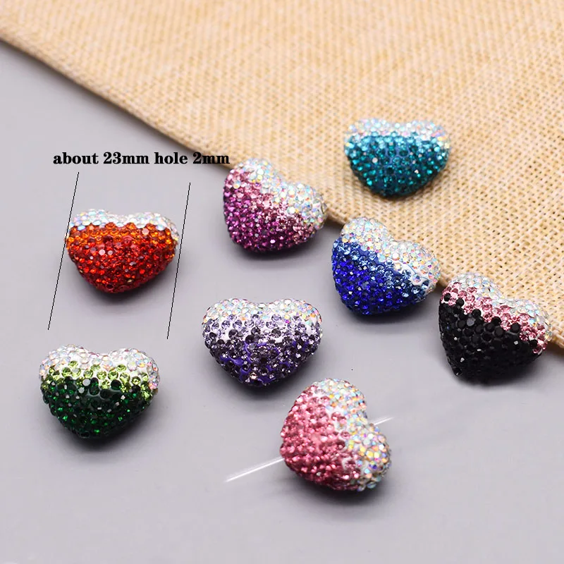 23mm Gradient Color Polymer Clay Heart Beads Rainbow Rhinestone Disco Clay Loose Beads For Jewelry Making Necklace DIY