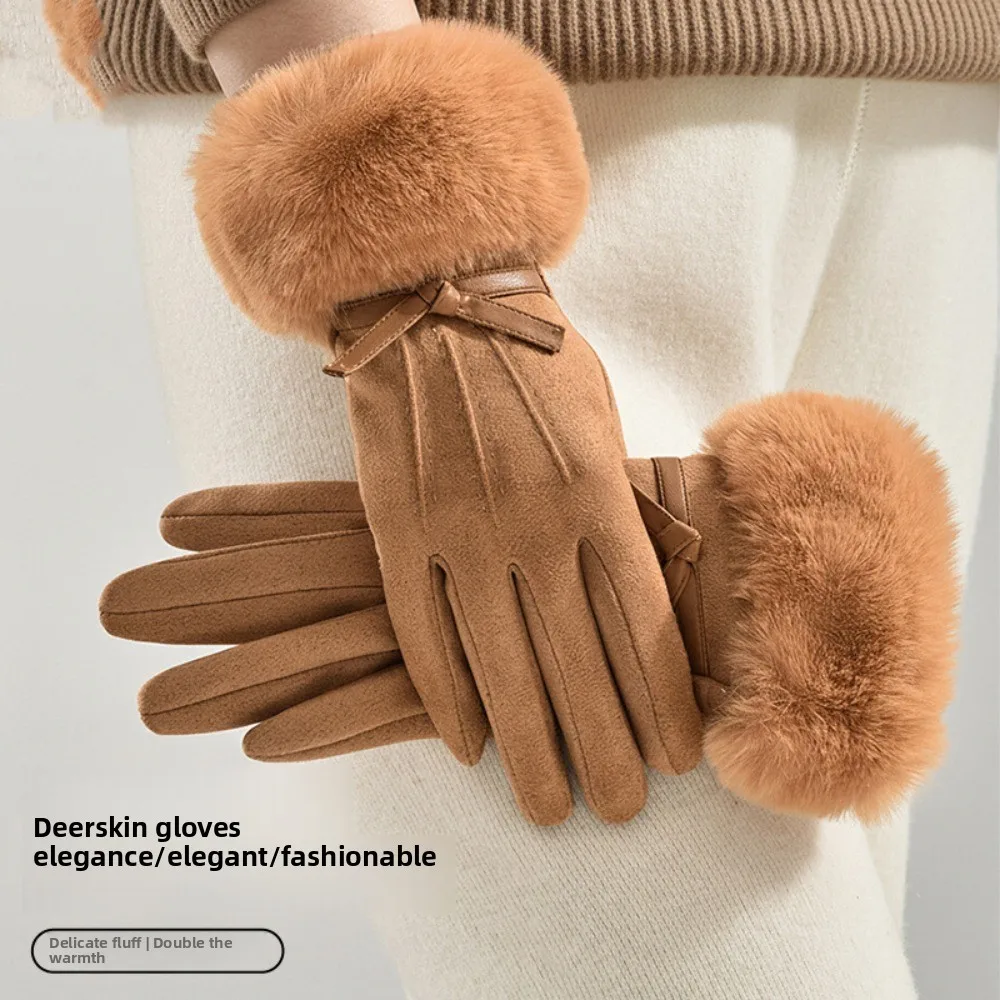 Cute Velvet Winter Suede Gloves Bow Thick Pu Leather Gloves Warm Korean Style Women Cycling Mittens Outdoor