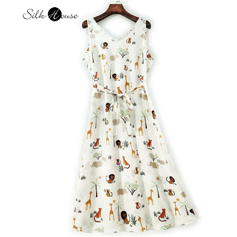 

Cartoon Animal Print 100% Natural Mulberry Silk Plain Satin Double V-neck Sleeveless Versatile Lace Up Women's Vest Dress