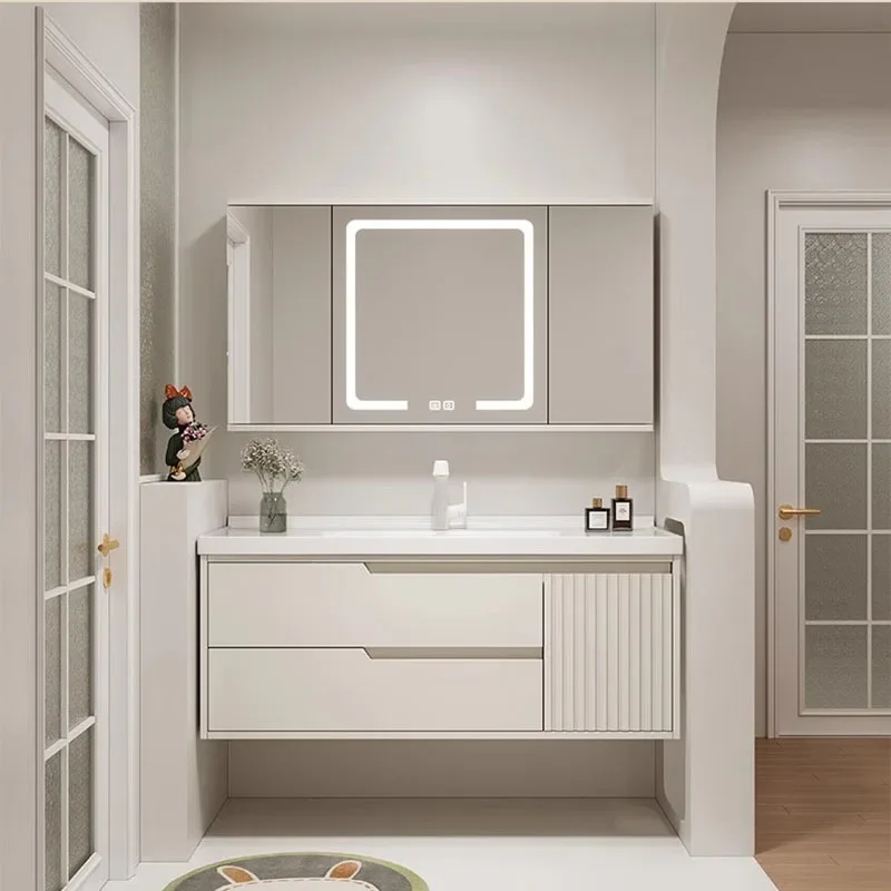 a*-Bathroom Oak Cream Wind Hidden Phoenix Water Mirror Bathroom Cabinet Toilet Ceramic Integrated Basin Feng Mirror Wash Table.