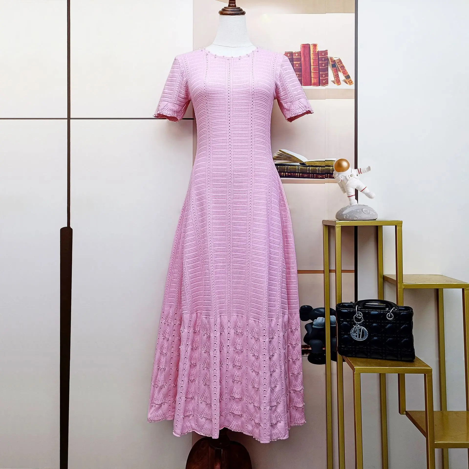 Spliced Hollow Out Knitting Sweet Dress for Women O-Neck Short Sleeve Slim Waist Beading Embroideery Pleated Dresses Female