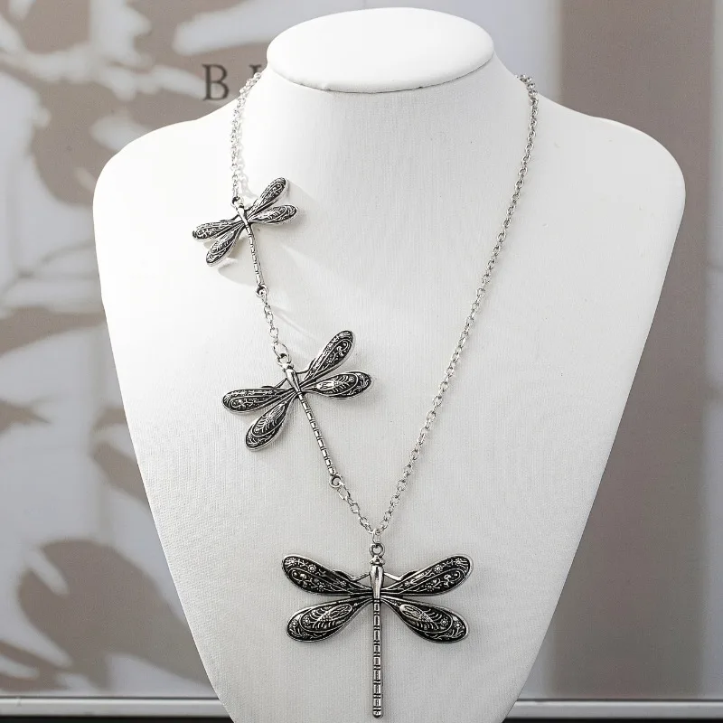 Vintage Silver Color Punk Style Chain Dragonfly Pendant Necklace, Women's Personalized Y2k Holiday Accessory Jewelry