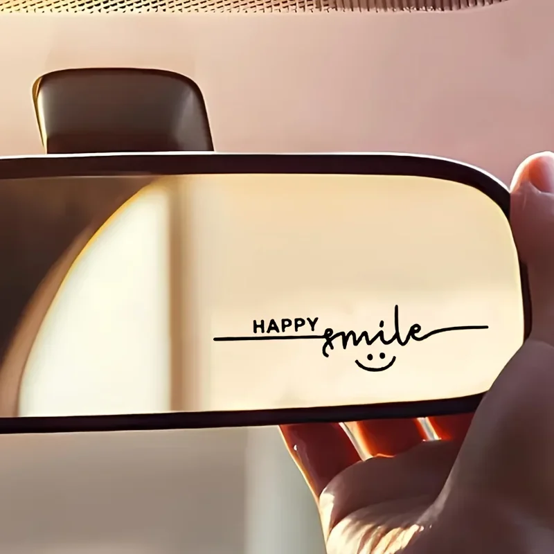 Autocollant pour rétroviseur de voiture Happy Smile - Décoration en vinyle auto-adhésif brillant avec une expression heureuse et la parole « Happiness »