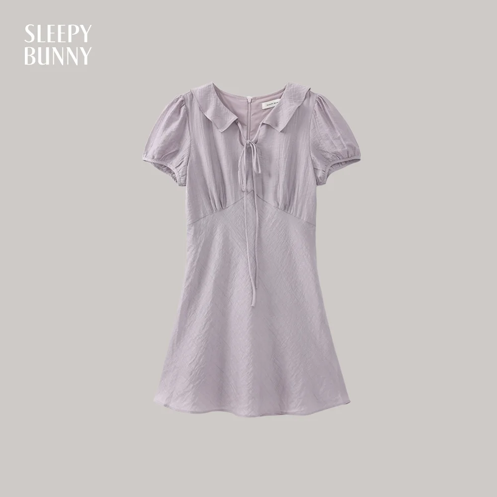 

Elegant Lavender Midi Dress Women 2025 Summer High Waist A-Line Outfit Tie Neck Sweet Slim Fit Soft Short Sleeve Vacation Dress