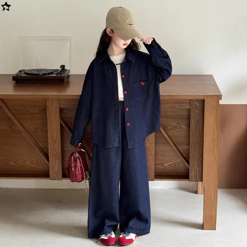 

Винтажный синий джинсовый комплект для девочек — рубашка в стиле вестерн + широкие джинсы, джинсовый наряд из двух предметов на осень, идеально подходит для выходных