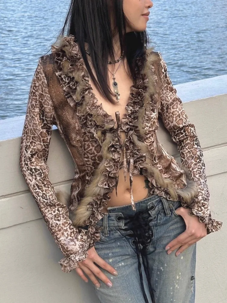 Japanese Y2k Leopard Print Shirt Vintage Harajuku Fur  Grunge Aesthetics V-neck Irregular Blouses American Retro