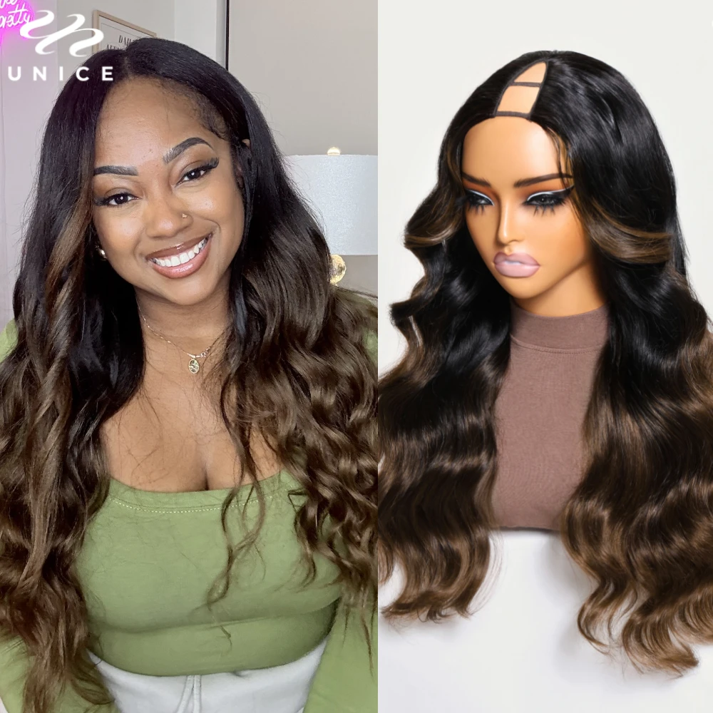 UNice Hair Body Wave V Part Wig With Drawstring Chestnut Brown Ombre V Part Human Hair Wigs No Glue Mini Leave-Out Perfect Blend