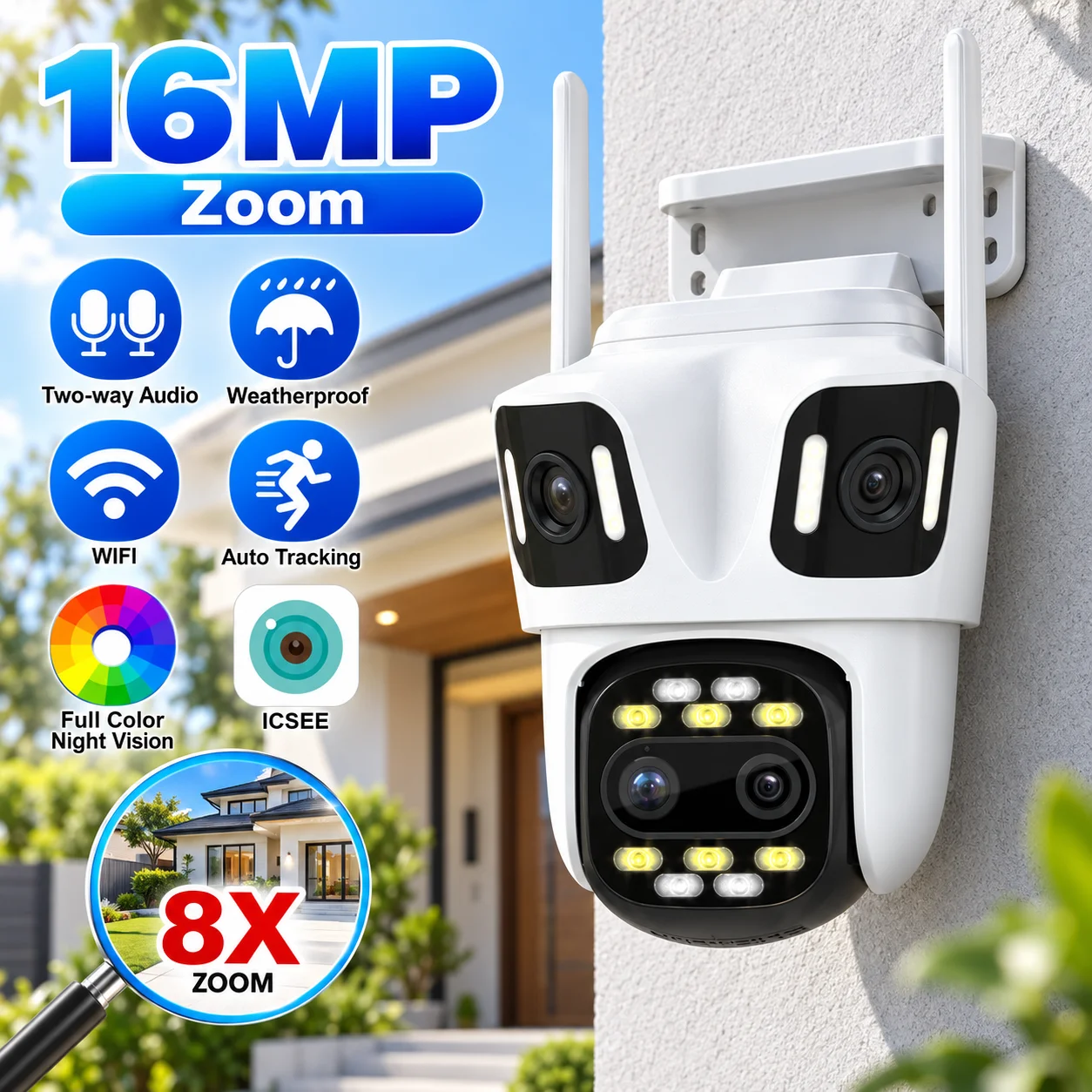 16MP Outdoor WiFi PTZ Camera with Four Lens Three Screens 8X Zoom CCTV Security Camera Auto Tracking Video Surveillance IP Cam