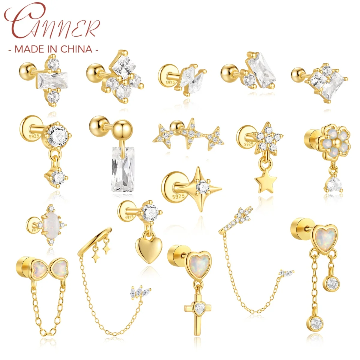 

CANNER 1Pc 925 Silver Smooth Heart Shaped Cross Stud Earrings For Women Four-Pointed Star Flower Square Zircon Ins Fine Jewelry