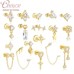 CANNER 1Pc 925 Silver Smooth Heart Shaped Cross Stud Earrings For Women Four-Pointed Star Flower Square Zircon Ins Fine Jewelry