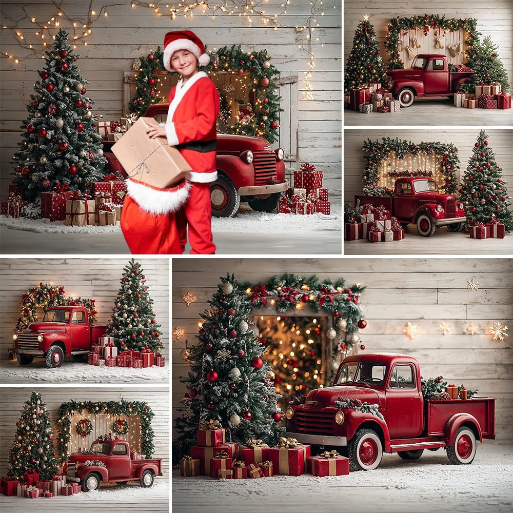 Fondo de fotografía de camión rojo de Navidad, regalos de árbol de Navidad, tablero de madera, decoración de pared, retrato familiar, accesorios de estudio fotográfico