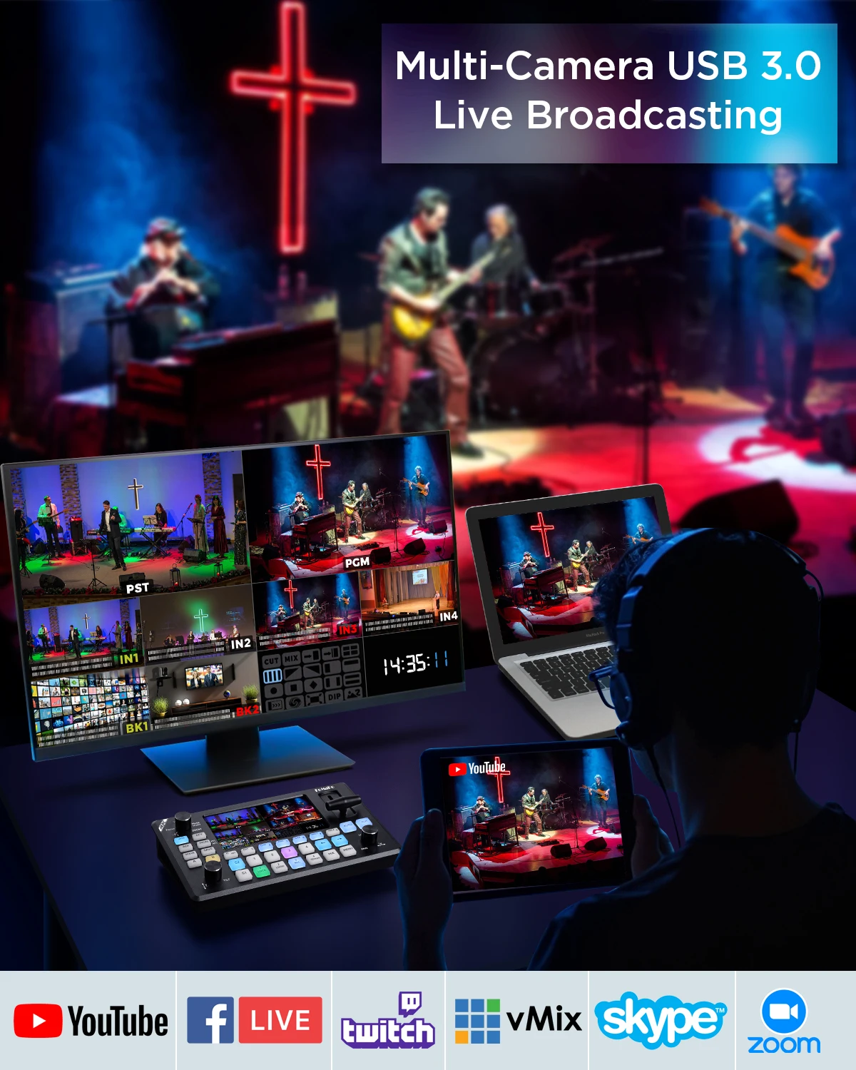 4K HDMI Video Mixer Switcher, 5.5 Inch FHD LCD Screen, 4-Channel HDMI Live Streaming Switcher, 4K 60FPS Input, 1080p Output