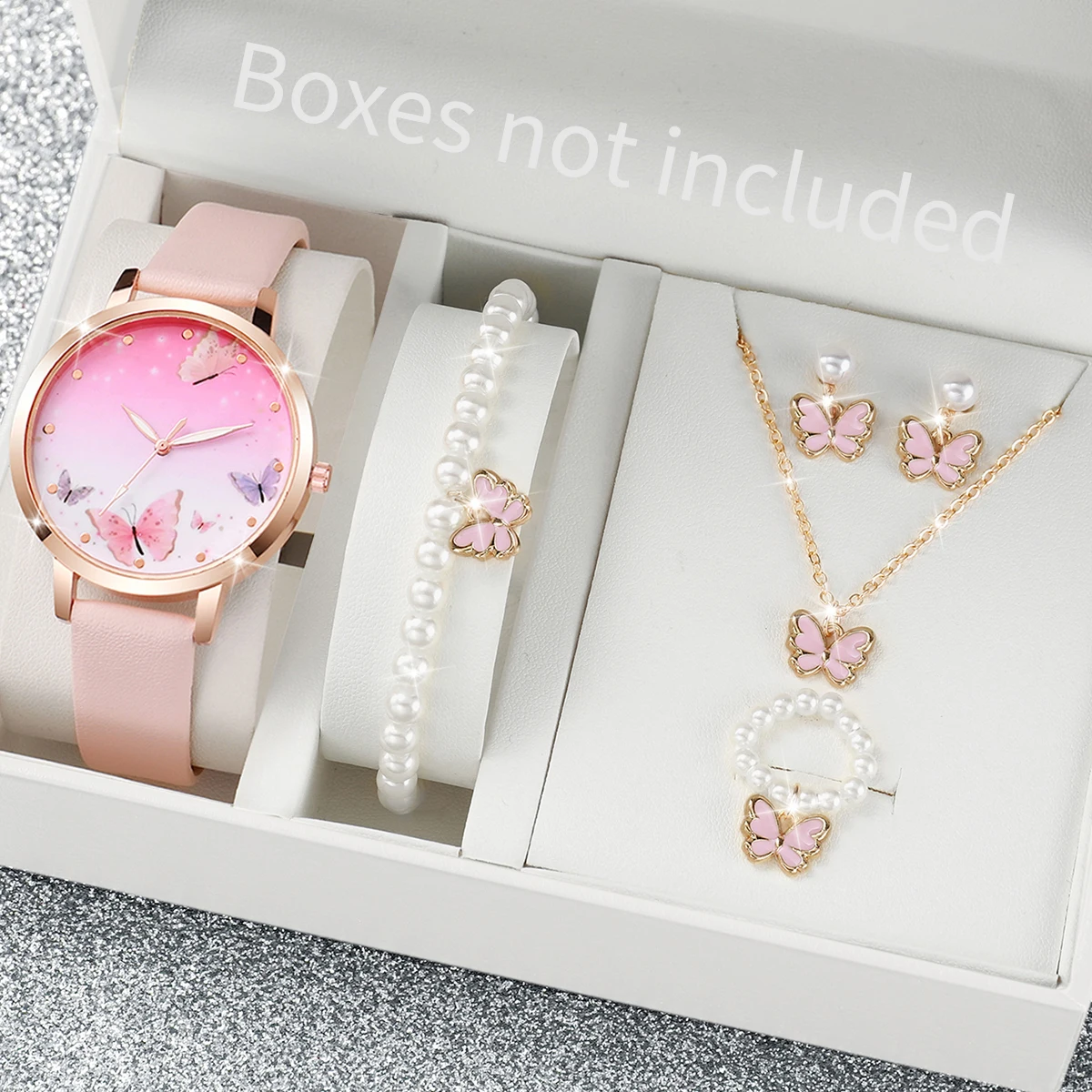 6PCS/Set Women Fashion Quartz Watch Female Clock Pink Butterfly Dial Ladies Leather Wrist Watch Montre Femme（Without  Box）