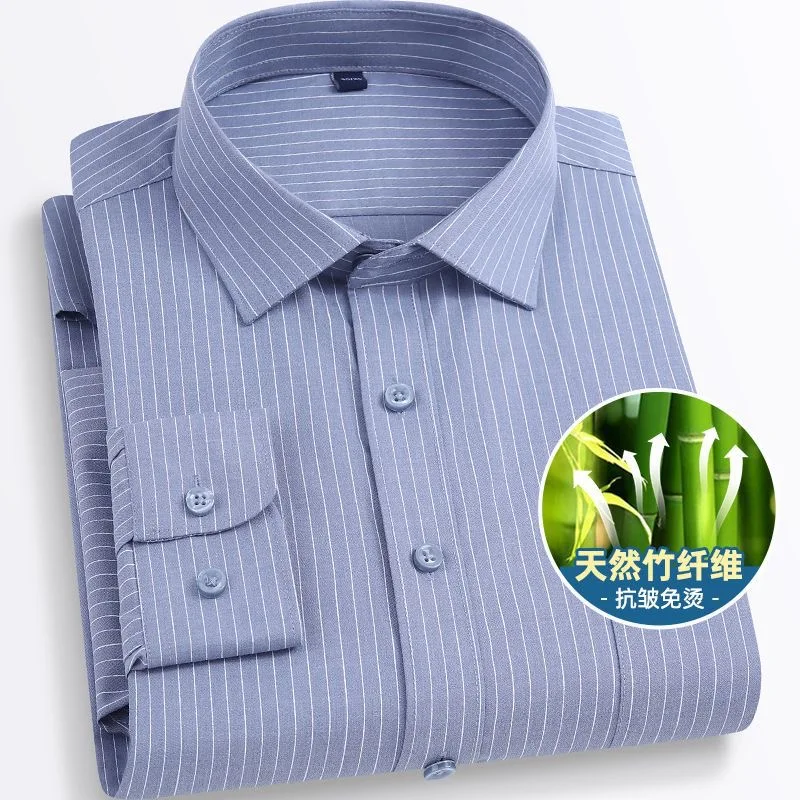 Spring new men\'s long sleeve bamboo fiber striped shirt wrinkle-resistant non-ironing business casual is loaded with pockets