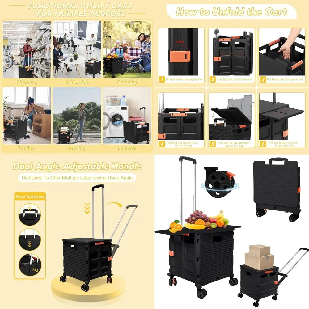 

Adjustable Handle Folding Cart with Magnetic Lid, 4 Swivel Wheels for Storage, Shopping, and Office Use (Black)