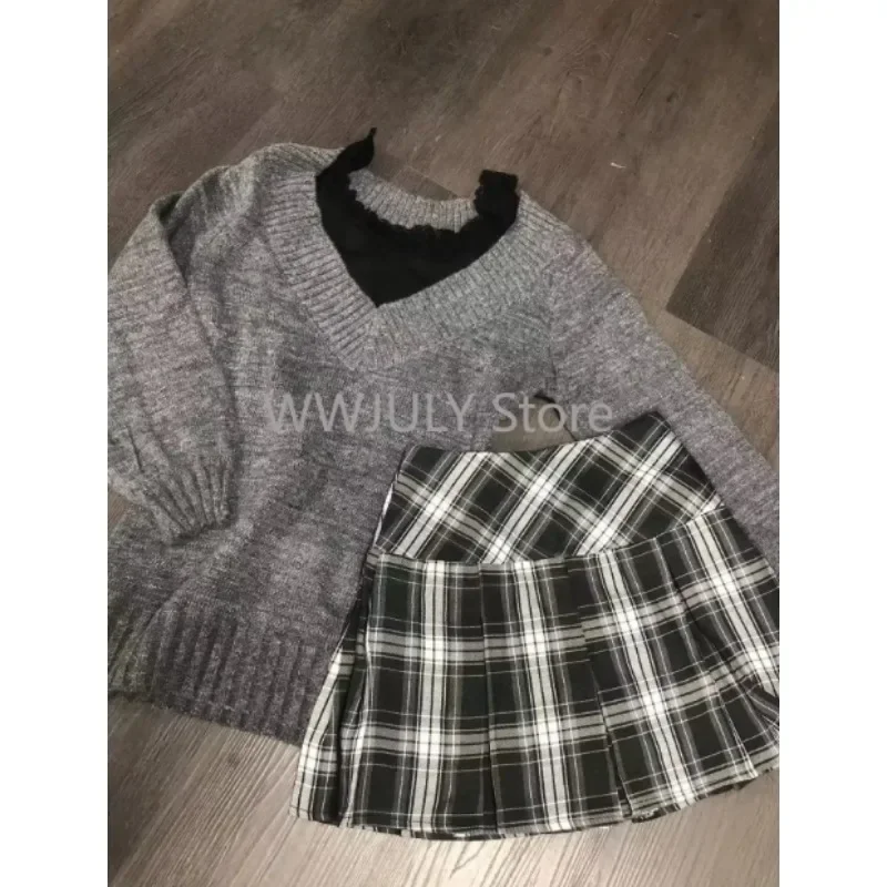 Moda Vintage V-neck dzianinowe topy damskie 2024 wczesna jesień nowe swetry Mujer Y2k Grunge Slim Fit swetry z długim rękawem