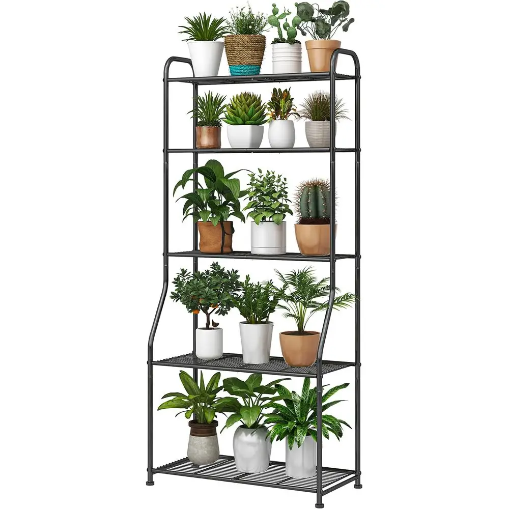 Plant Stand 5-Tier Plant Shel or Indoor Outdoor, Waterproo Metal Tall Plant Stand or Living Room Bathroom Balcony Garden, Black