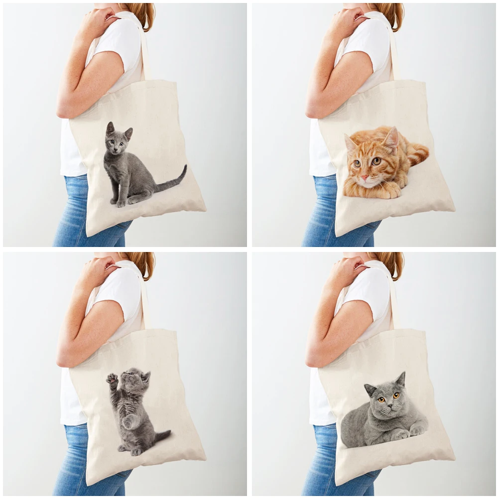 Casual Pet Cat Lady Shopping Bag Both Sided Print Reusable Canvas Fashion Wild Animal Travel Tote Handbag for Women Shopper Bags