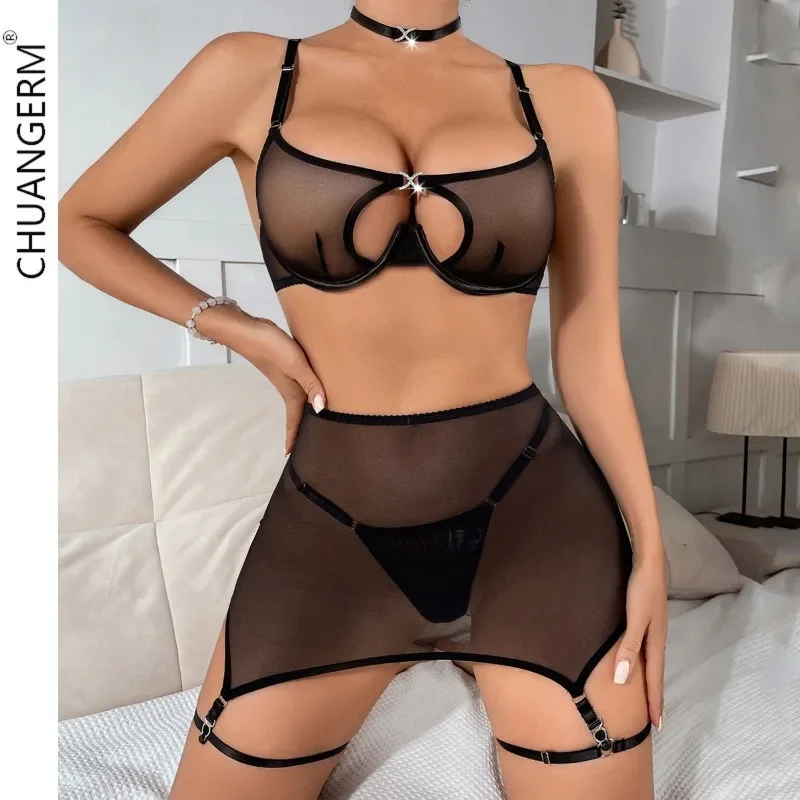 

CHUANGERM Womens Sexy Lingerie Sets Lace Sheer Lingerie Sexy skeleton skirt see-through mesh suit five-piece set Lace Lingerie