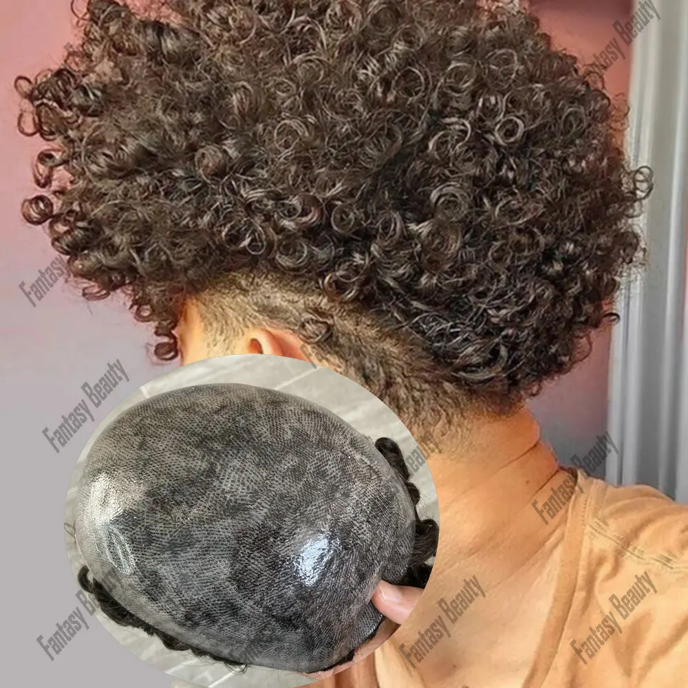 

Men Capillary Prothesis Thin Skin PU Natural 100% Human Hair Wig 15MM Afro Curly Men Toupee Durable Replacement System Male Wigs