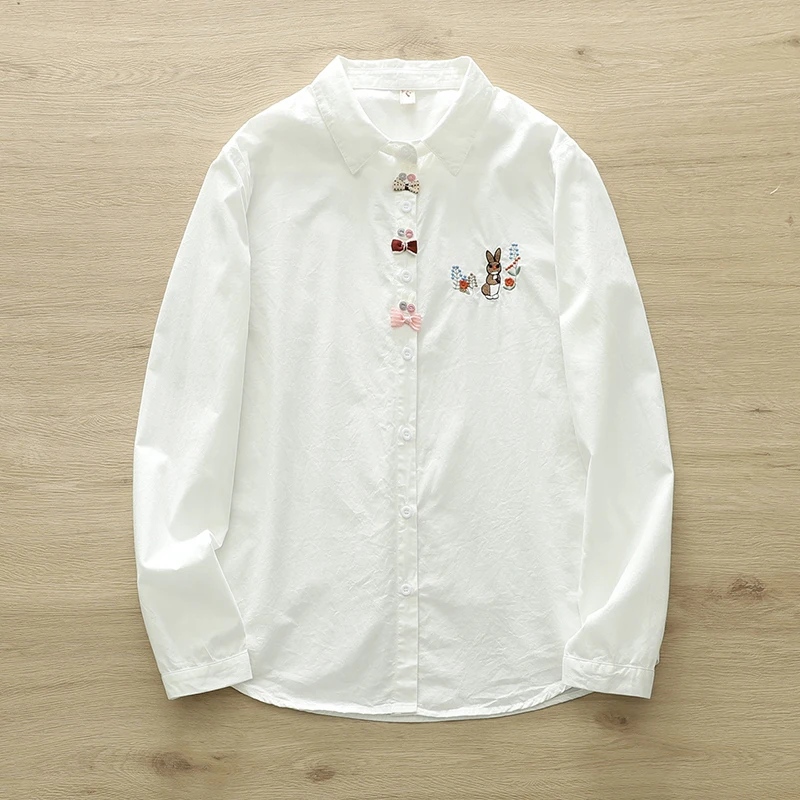 New Women Casual Sweet Front Bow Appliques Cartoon Embroidery Shirt White Color Long Sleeved Loose Slimming Blouse Tops U310