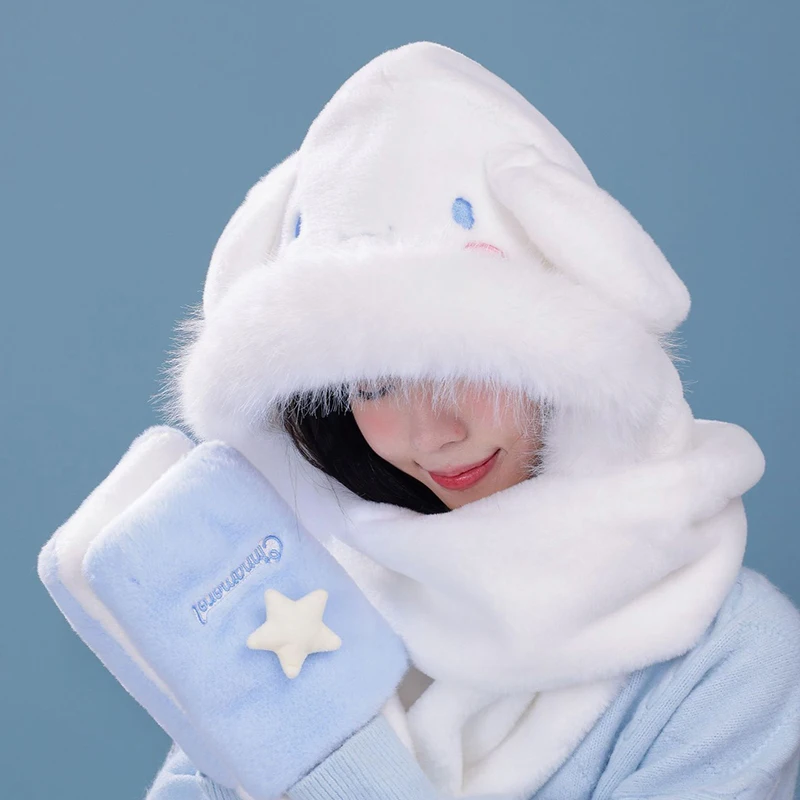 

Miniso Cinnamoroll Winter Teenage Boys Girl Plush Hat Scarf Three-Piece Young Pupil Cap Gloves Bib 3-In-1 Women Warm Mother Gift