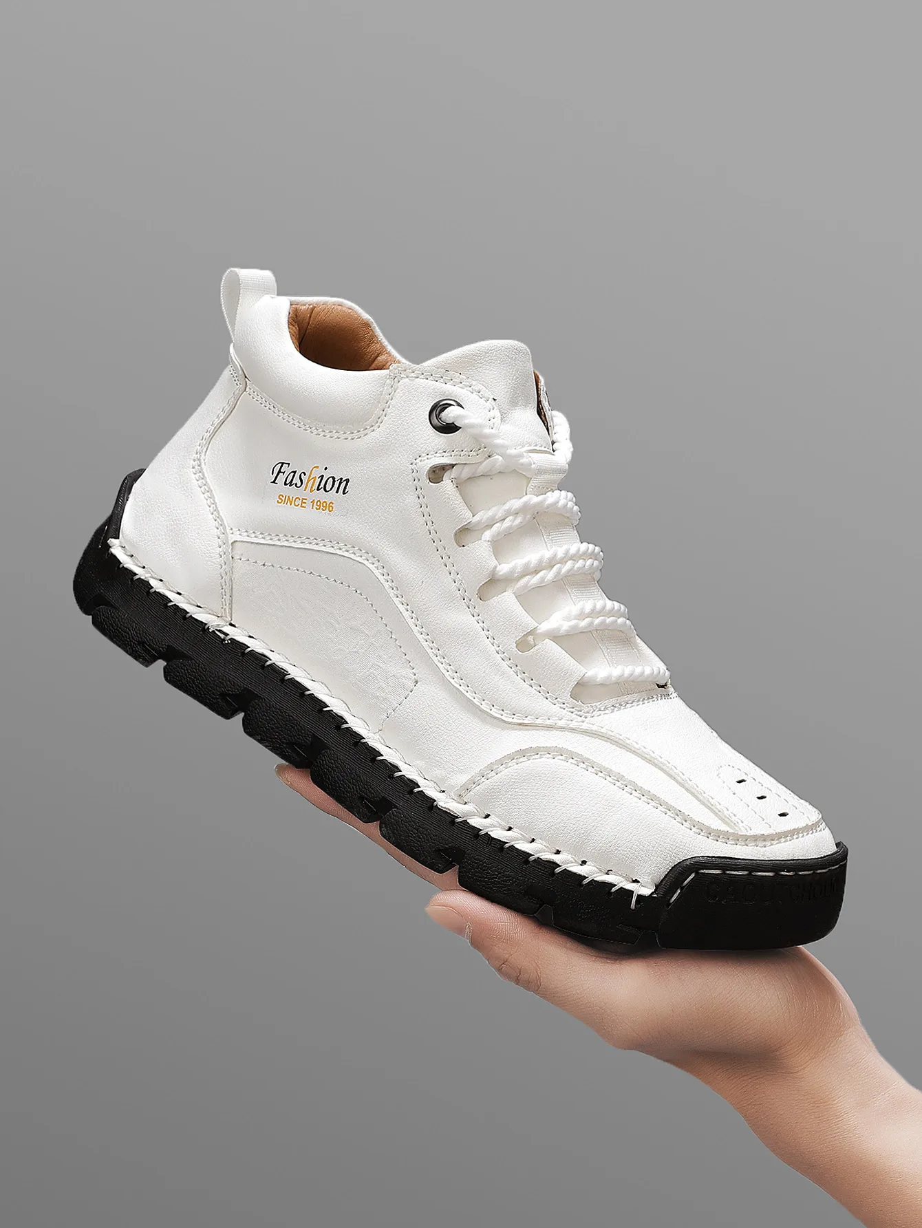 Men's Handmade Mid-Top Casual Shoes, Simple Letter Print Fashion Lace-Up Sneakers, Outdoor Hiking Boots, Comfortable Breathable Rubber Soles