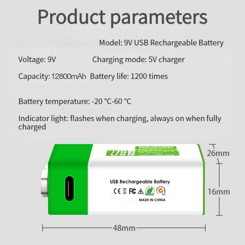 Cable de carga USB para multímetro, batería recargable de iones de litio, 9V, 12800mAh