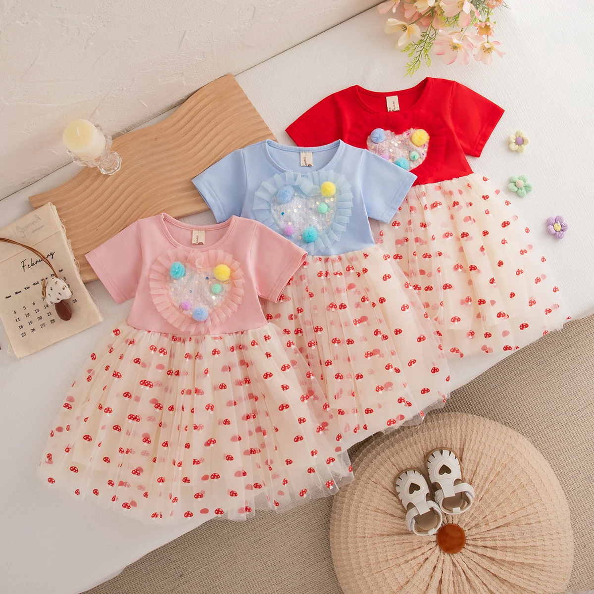 Baby Clothing Summer Love And Mushroom Pattern Sequins Puffy Baby Dresses Cute Casual Baby Girl Princess Dresses