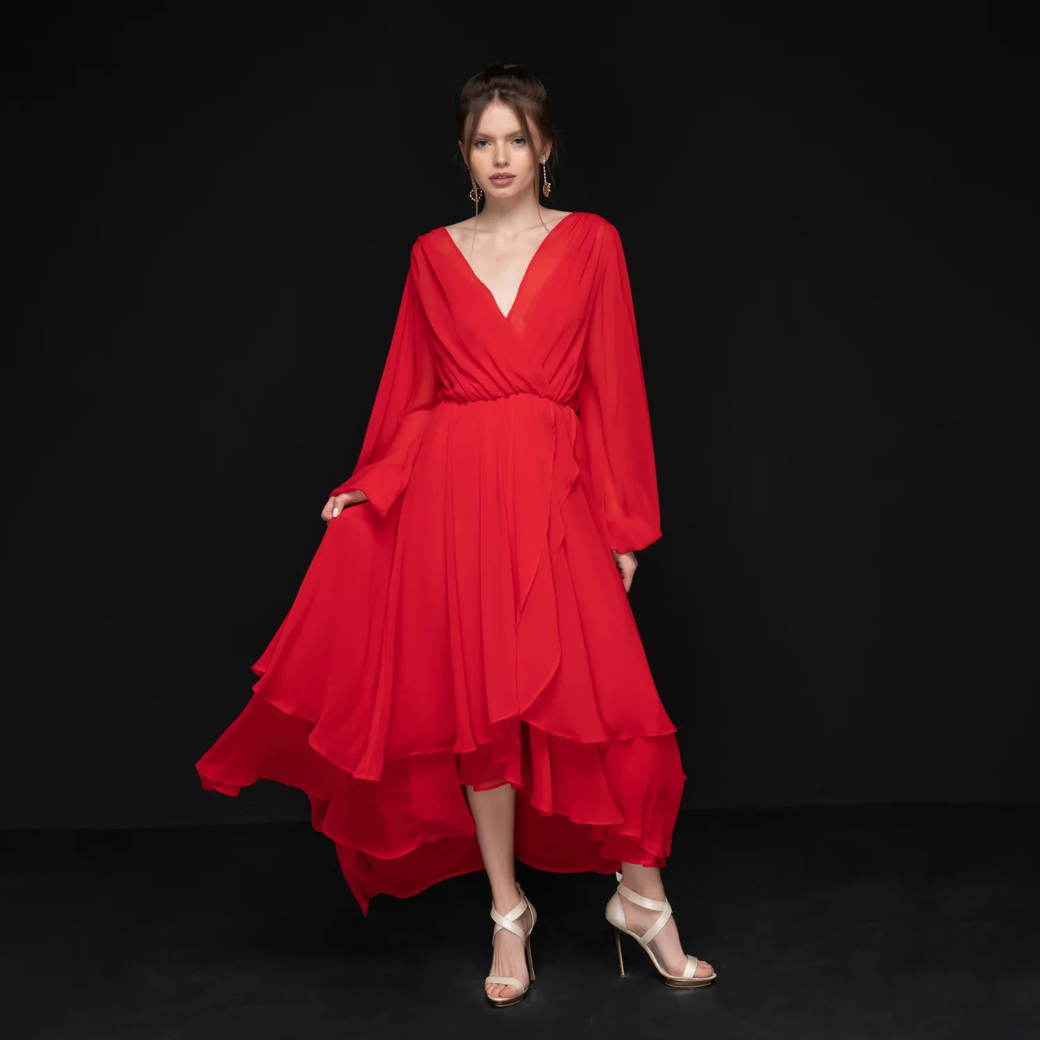 Red Chiffon Women's Nightwear Layered Ruffle Edge Dressing Gown Comfort Pajamas Sexy V-Neck Robe Housecoat Sleepwear Customized