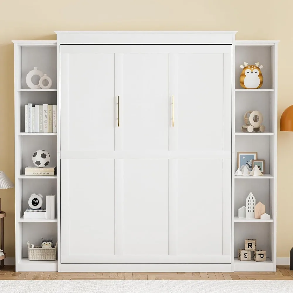 Letto Queen Murphy con libreria portaoggetti e 4 ripiani regolabili, struttura letto pieghevole salvaspazio da parete in legno Queen, struttura letto nascosta f