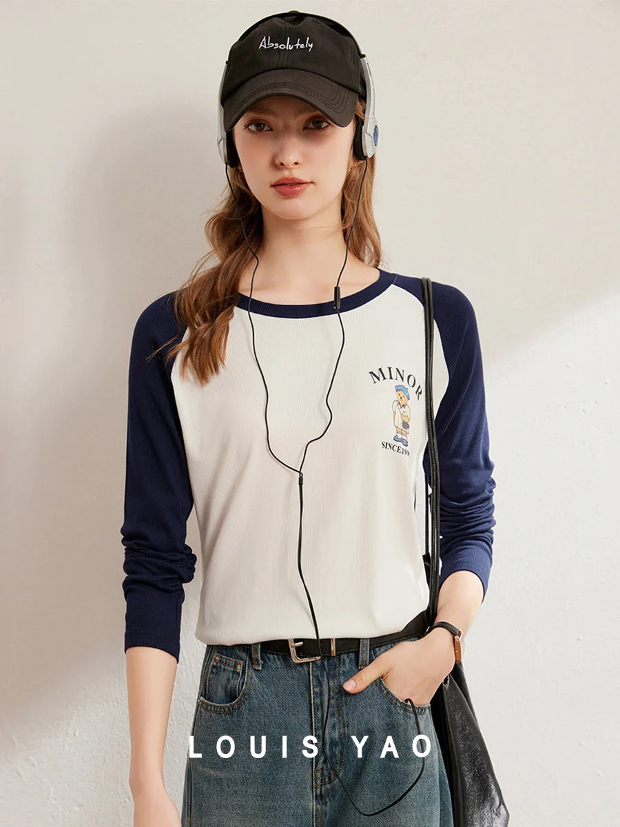 

LOUIS YAO 2025 Spring Color Blocked Shoulder Sleeve T-shirt Fashion Casual Round Neck Long Sleeve Printed Women's T-shirt