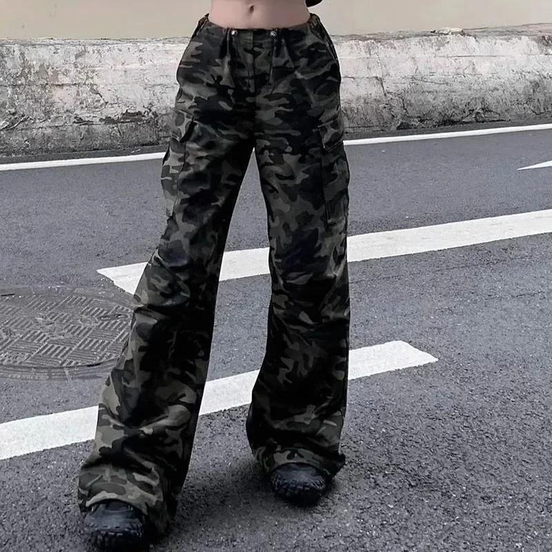 Pantalones vaqueros de pierna ancha con cordón para niña, pantalones vaqueros de camuflaje de calle alta para mujer, pantalones Cargo, pantalones vaqueros finos holgados para mujer 2025