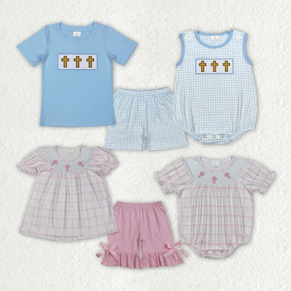 

SR2504 Wholesale kids clothes boys baby rompers Embroidered Easter cross short sleeve romper Summer Boutique baby boy clothes