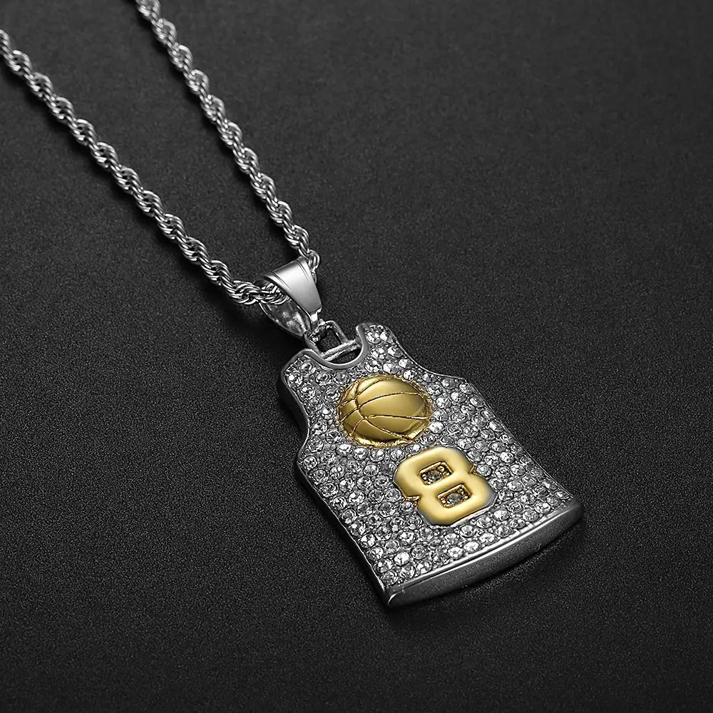 European and American New Stainless Steel Gold-Plated Rhinestone Basketball Lakers Black Mamba Kobe No. 8 Jersey Pendant Men's and Women's Necklace