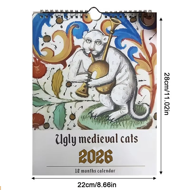 Middeleeuwse kattenkalender 2026 - Vreemde middeleeuwse kattenwandkalender, 12 maanden lelijke middeleeuwse kat, 2026 januari tot december 2026