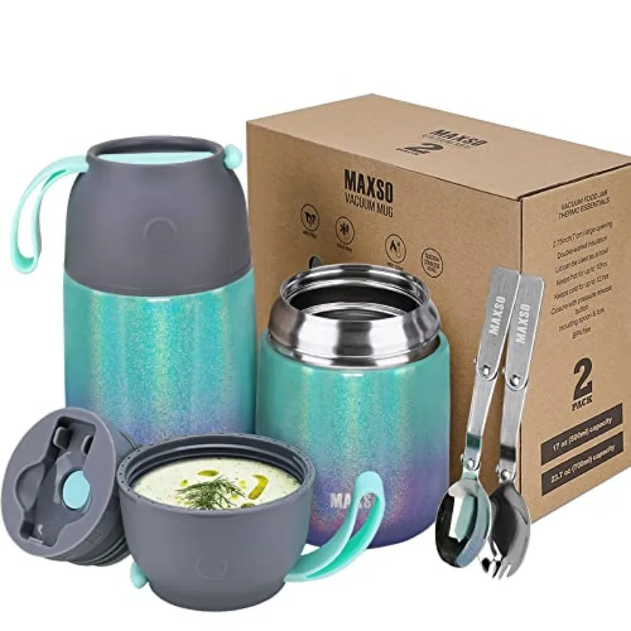 

2 Pack Soup Thermo for Hot and Cold Food for Adults, Vacuum Insulated Food Jar Thermal Lunch Containers, Travel Food Flask with