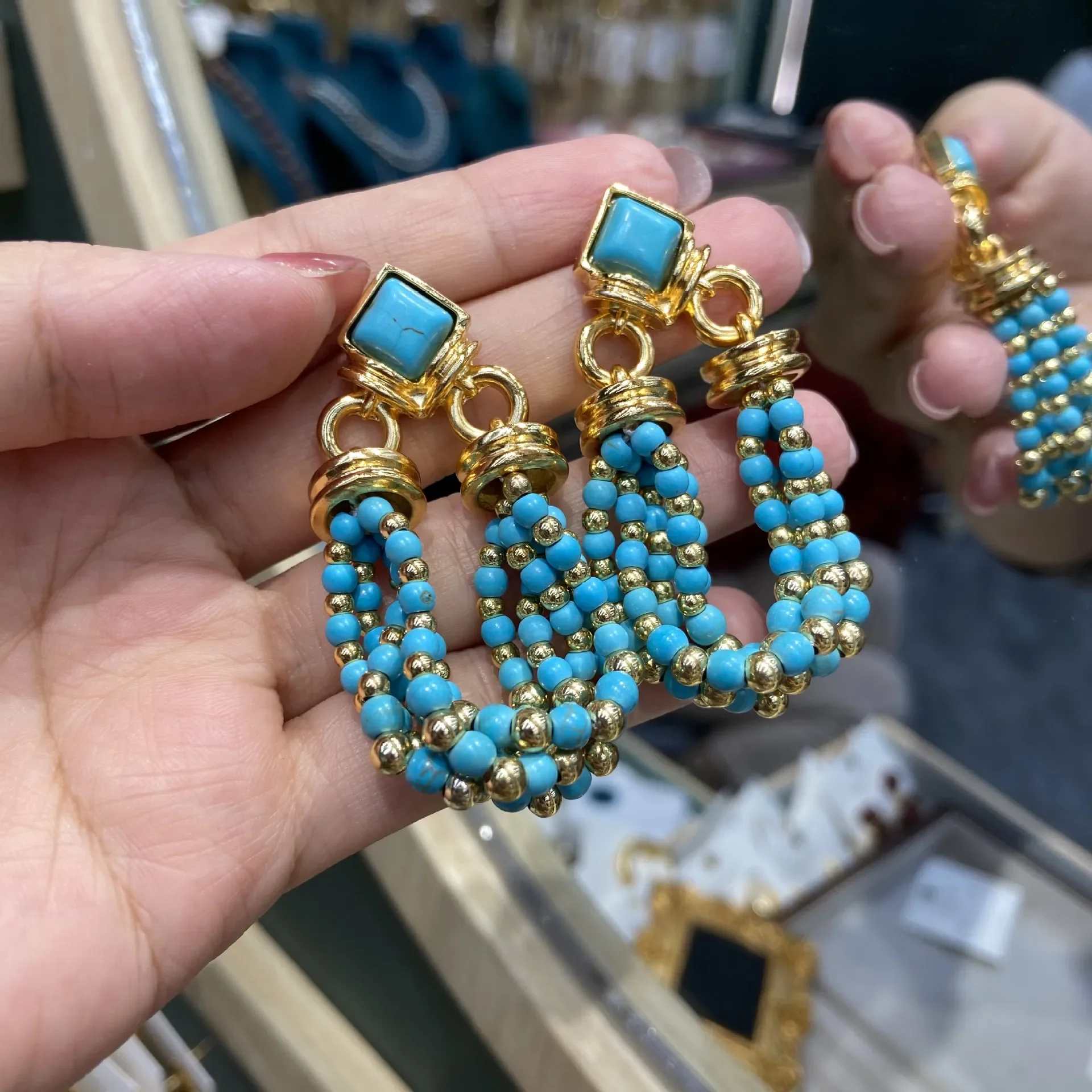 

New natural stone handmade tassel earrings elegant retro court style blue turquoise pearl earrings women fashion jewelry gifts