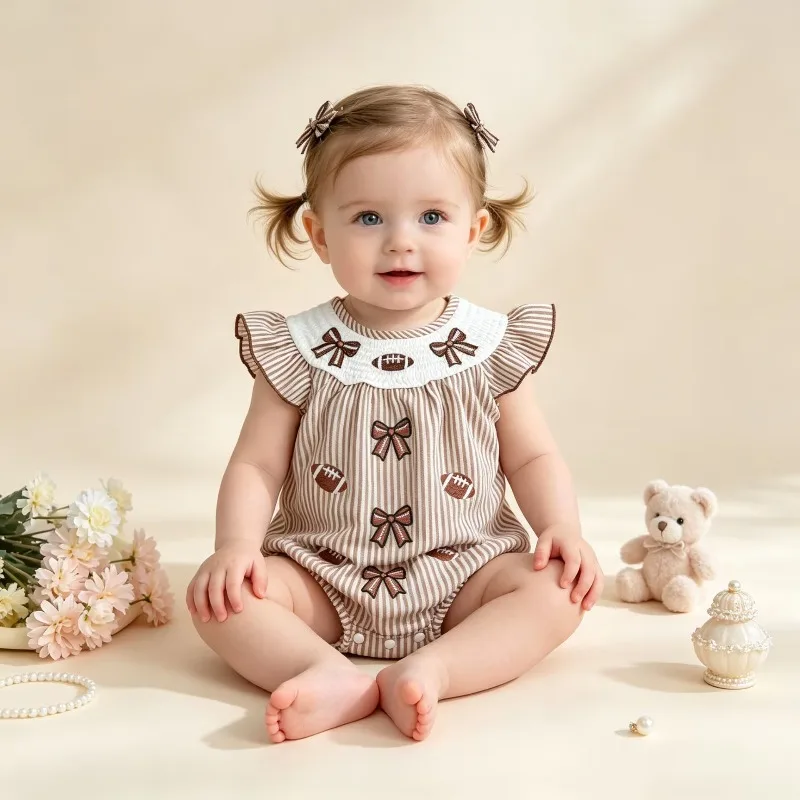 Newborn Baby Girls Football Bubble Romper Striped Ruffled Sleeve Bodysuit With Bow And Rugby Ball Embroidery Outfit 0 24M