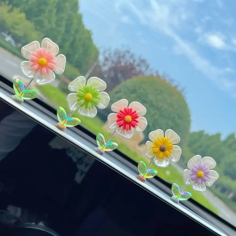 5Pcs Cartoon Car Interior Shaking Head Sunflowers Ornament Decoration with Spring Shake Head Decor Double-sided Tape