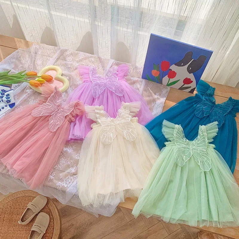 Butterfly Wings Girls Mesh Dress 2024 Summer New Female Baby Birthday Party Dresses Candy Color Fairy Puffy Princess Dress 1-8T