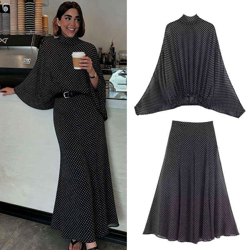 Polka Dot Printed Midi Skirts Two Piece Sets for Women 2025 Summer Chic Bow Tied Blouse Top Suits Woman 2 Piece Outfits