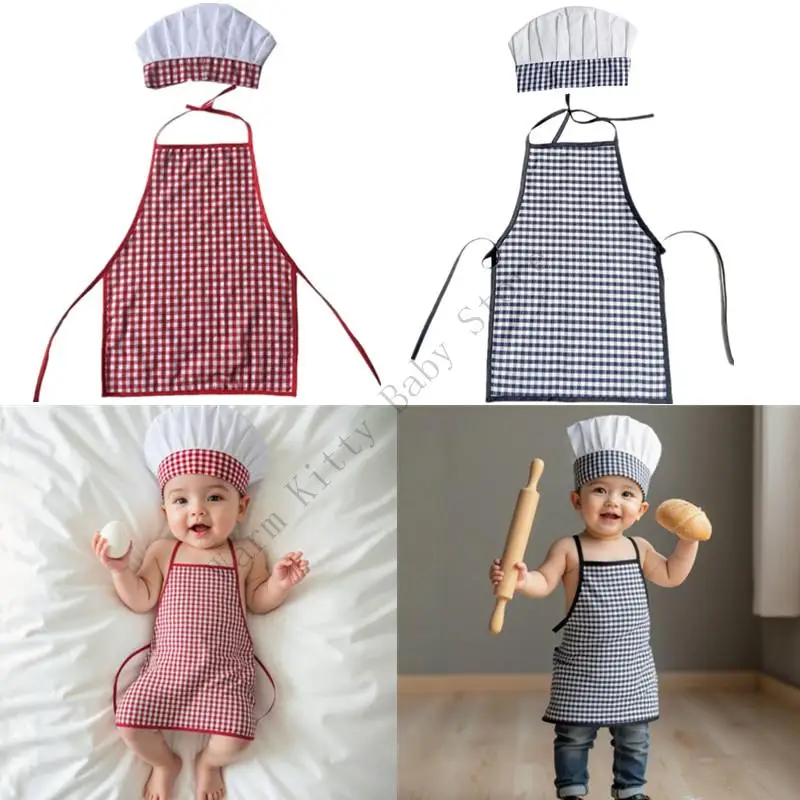 

2PCs Baby Photography Chef Outfits Check Pattern Baby Chef Apron Hat For 0-10 Years Kids Newborn Photophay Props