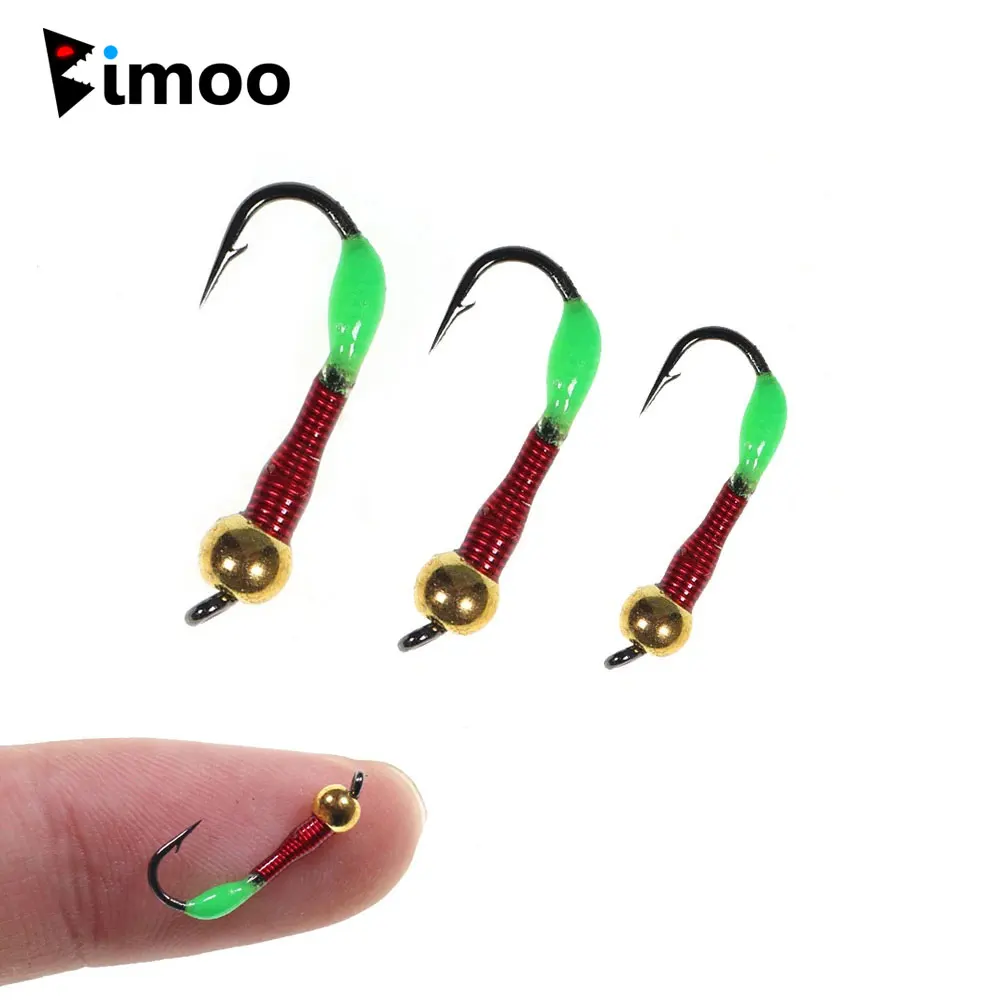 Bimoo 6pcs Brass Bead Buzzer Hand Made Red Wire Worm Lures For Whitefish Walleye Fast Sinking Ice Fishing Nymph Trout Baits