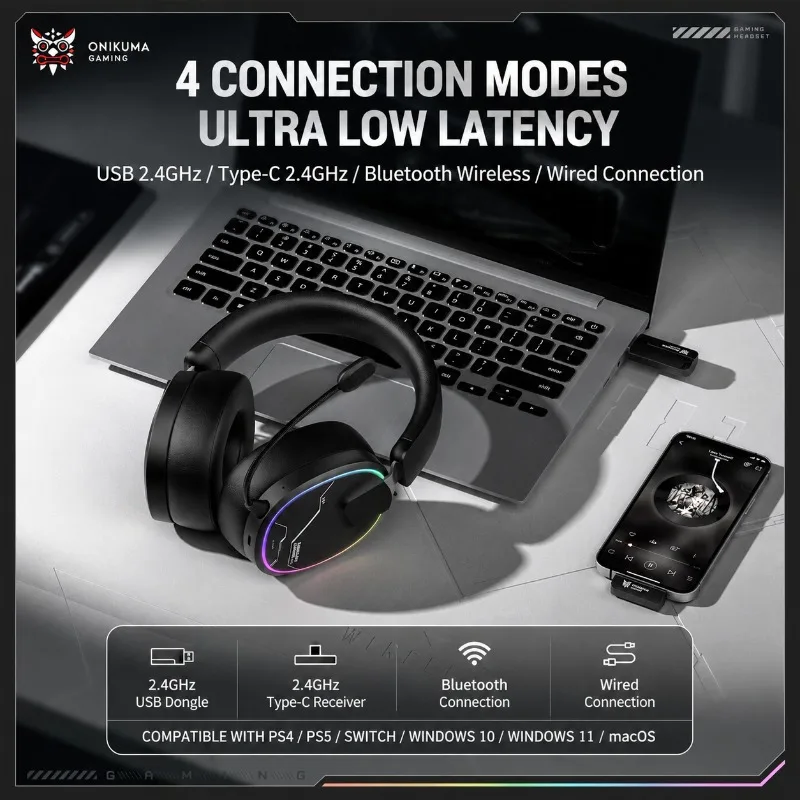 Onikuma GT836 Gaming Headset Wireless 2.4G RGB LED Surround Sound Headphones with Microphone for PC PS5 Xbox Switch Multiplayer