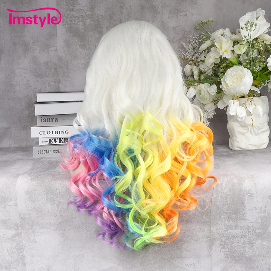 Imstyle Rainbow peruka Multicolor syntetyczna koronka peruka Front długie faliste peruki dla kobiet włókno termoodporne imprezowa peruka Cosplay