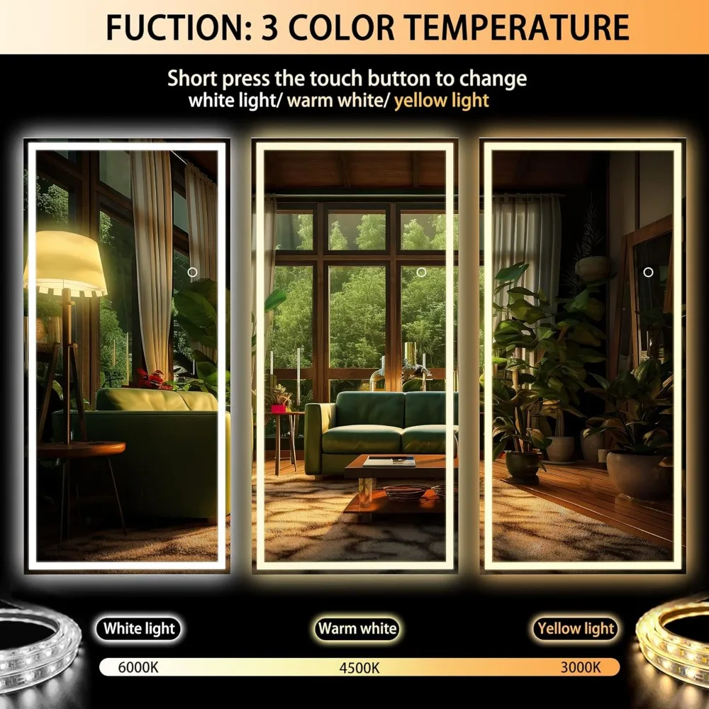 Full Length Mirror with Lights,Tempered Lighted Floor Standing LED Mirror Full Length, Full Body Mirror with Dimming