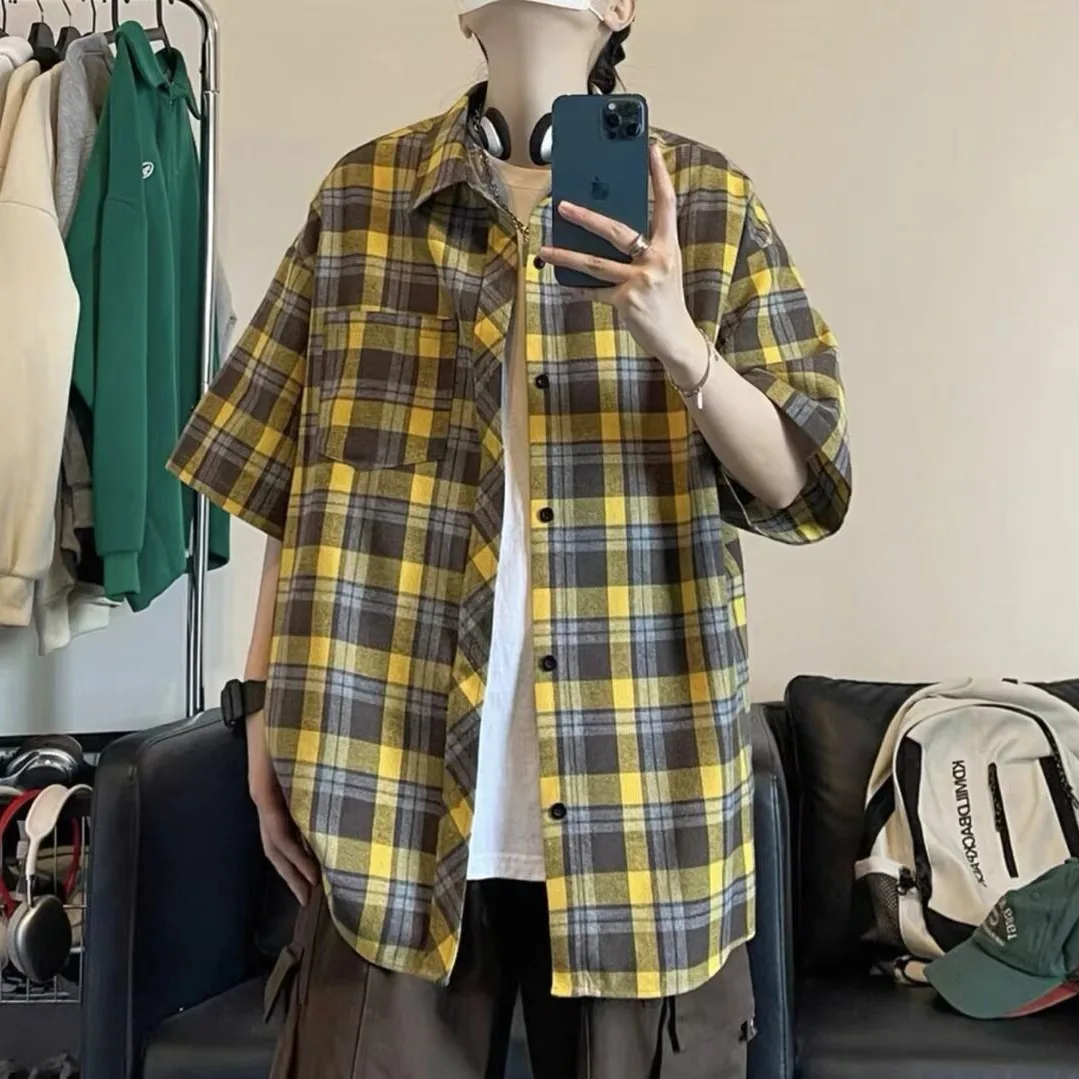 New Summer Men's Short Shirt French Casual Oversized Yellow Retro Checkered Shirt Men Clothing Outdoor Sports Durable Top 2026