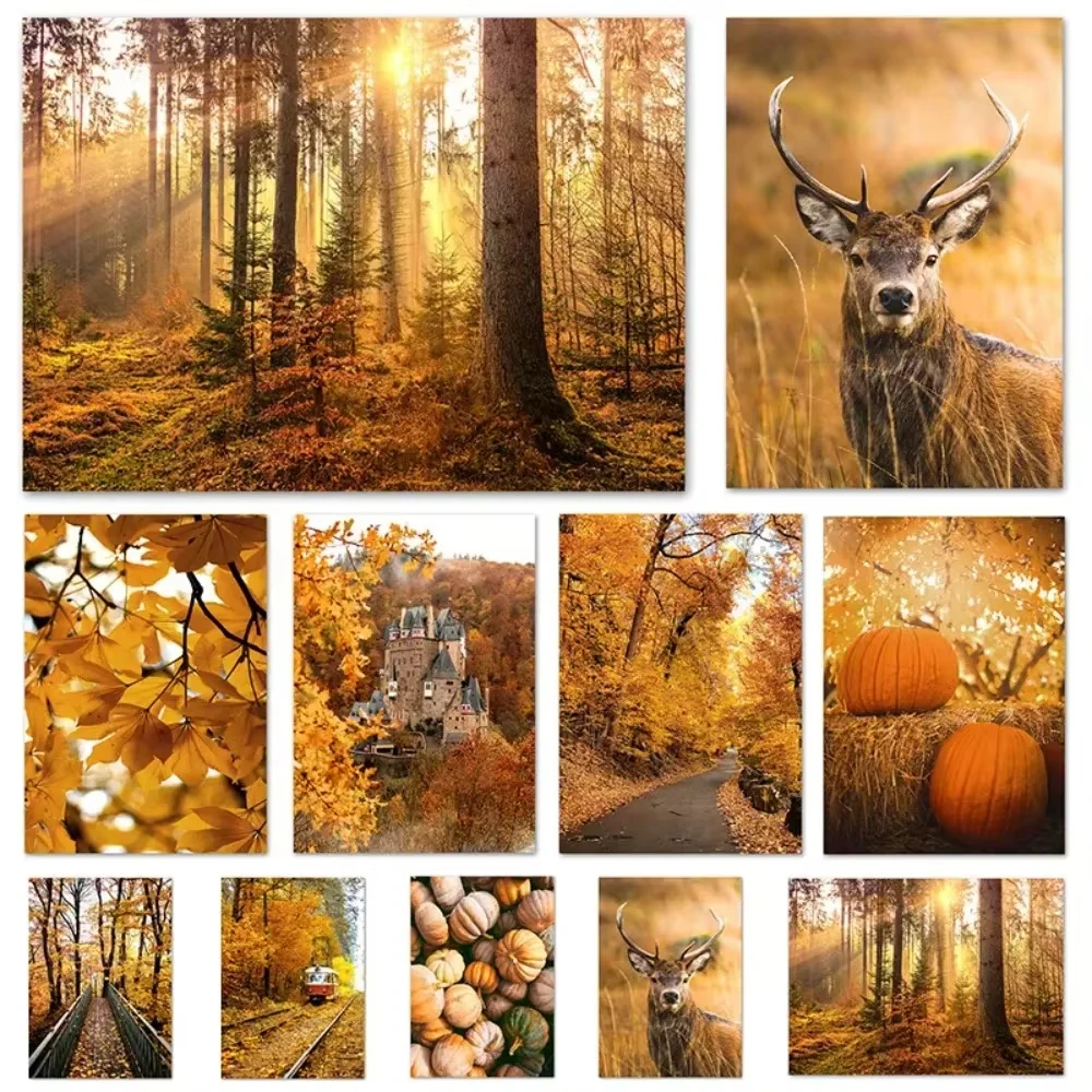 Autumn Forest Canvas Painting Deer Pumpkin Maple Leaf Road Wall Art Poster Print Pictures Living Room Home Aesthetics Decor Gift